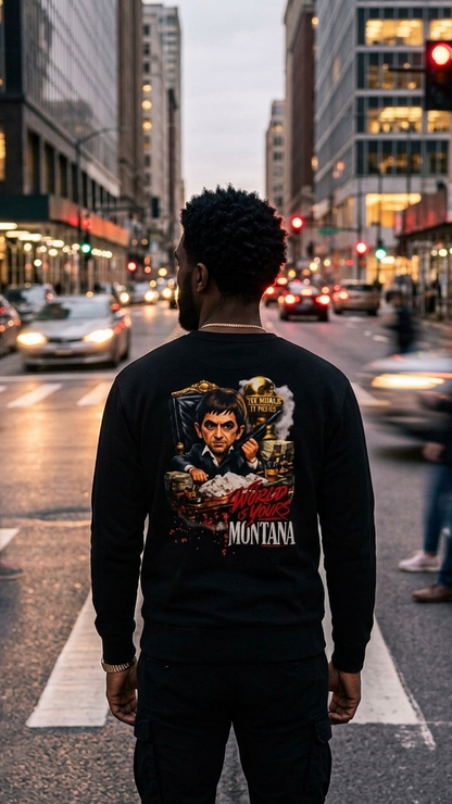Montana Scarface Graphic Sweatshirt — "The World Is Yours" Vintage Movie Crewneck