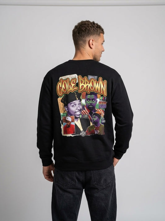 Cole Brown Graphic Sweatshirt — Retro Hip-Hop Collage Crewneck